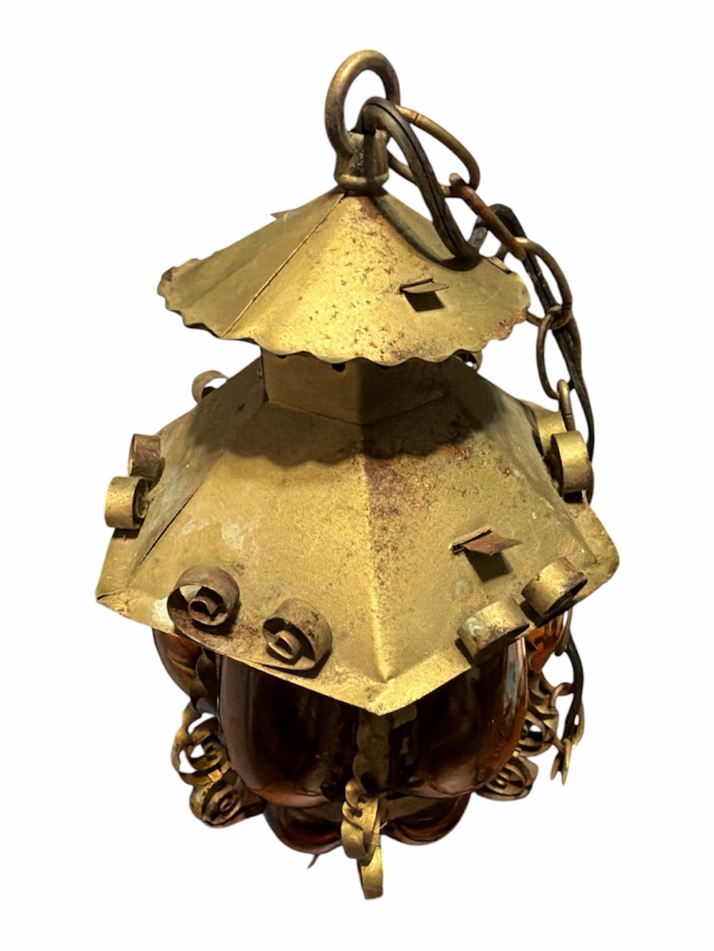 Vintage-Style Hanging Lantern in Blown Amber Glass Gold Tone by GE - Picture 4 of 9